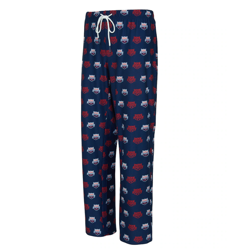 Show your USA Swimming Concepts Sport pride during your downtime with these Concepts Sport Elevation Record All Over Print Pants. Made from a blend of breathable polyester and spandex, these pants offer a soft, flexible feel perfect for lounging or cheering on Team USA. The elastic waist and adjustable drawstring allow you to customize the fit, while the all-over sublimated graphics celebrate USA Swimming's record-breaking achievements in style.|https://fanshop.usaswimming.org/womens-concepts-sport-navy-usa-swimming-elevation-record-all-over-print-pants/p-359947554432734535+z-99-956420710?_ref=p-DLP:m-GRID:i-r0c1:po-1|0|cal4