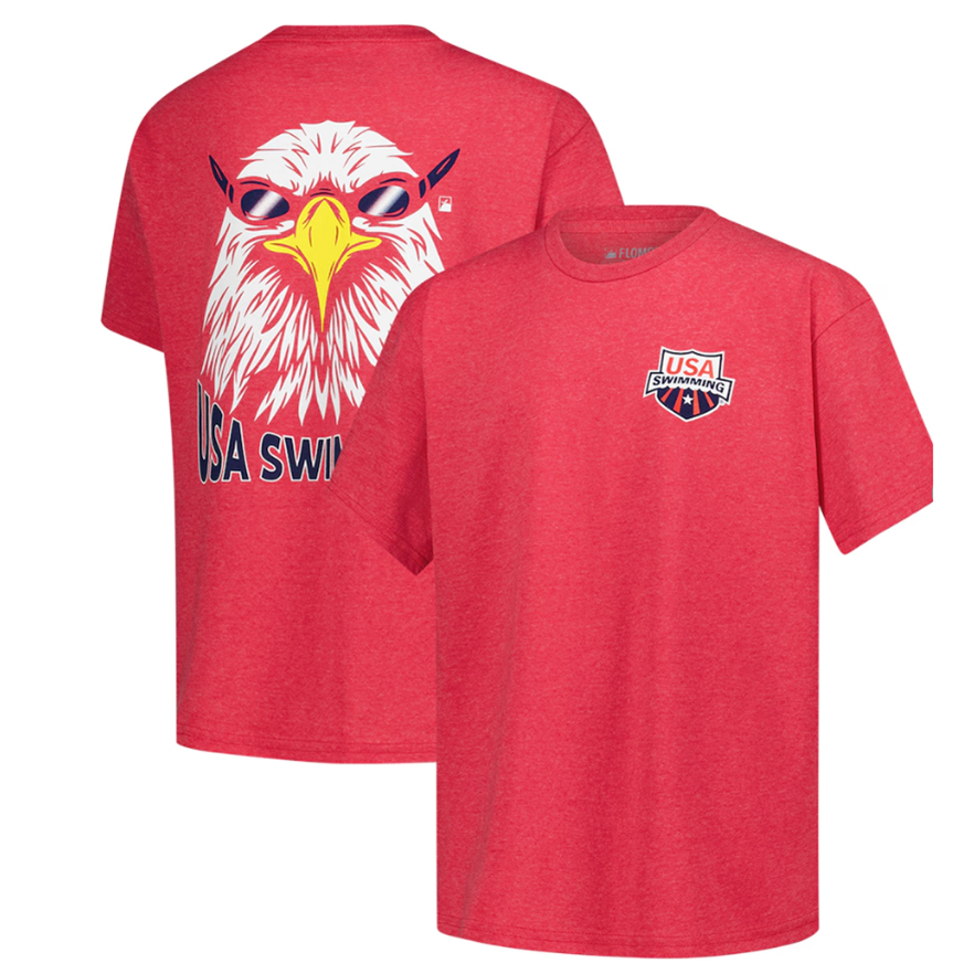 Let your young swimmer show their support with this USA Swimming Team Eagle Eye Splash T-Shirt by Flomotion. The tagless collar and interior taping provide a comfortable feel, so your youngster can focus on supporting their favorite team. This tee is a great choice for your little swimmer to wear at practice, meets, or just hanging out. |https://fanshop.usaswimming.org/youth-flomotion-red-usa-swimming-team-eagle-eye-splash-t-shirt/p-242225897354899274+z-94-2636015873?_ref=p-GALP:m-GRID:i-r0c0:po-0|0|stt1